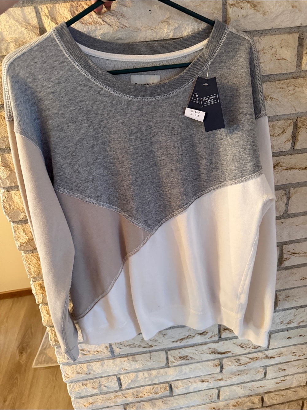 Abercrombie & Fitch Gray, White & Light Gray Colorblock Crewneck Sweater